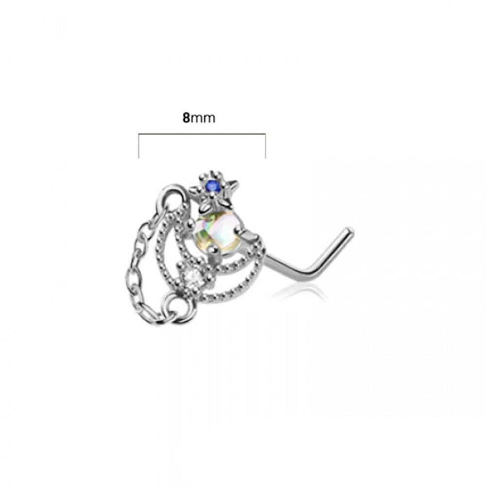 CZ Crystal Crescent Moon with Dangling Chain L-Bend Nose Stud - 316L Stainless Steel