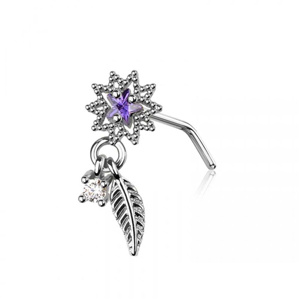 Purple CZ Crystal Starburst with Dangling Feather L-Bend Nose Stud - 316L Stainless Steel