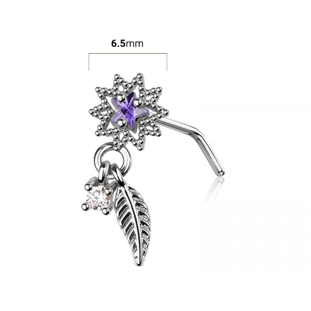 Purple CZ Crystal Starburst with Dangling Feather L-Bend Nose Stud - 316L Stainless Steel