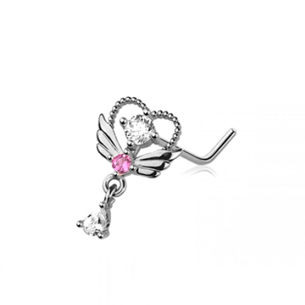 CZ Crystal Winged Heart with Dangling Teardrop L-Bend Nose Stud - 316L Stainless Steel