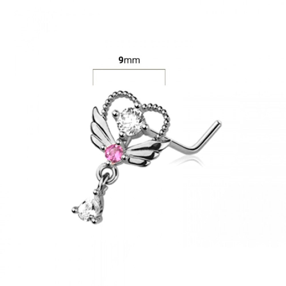 CZ Crystal Winged Heart with Dangling Teardrop L-Bend Nose Stud - 316L Stainless Steel
