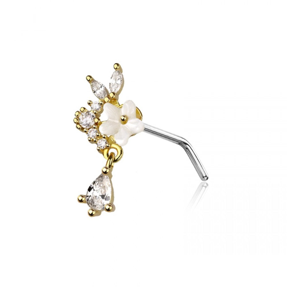White Flower with CZ Crystal Teardrop L-Bend Nose Stud - 316L Stainless Steel