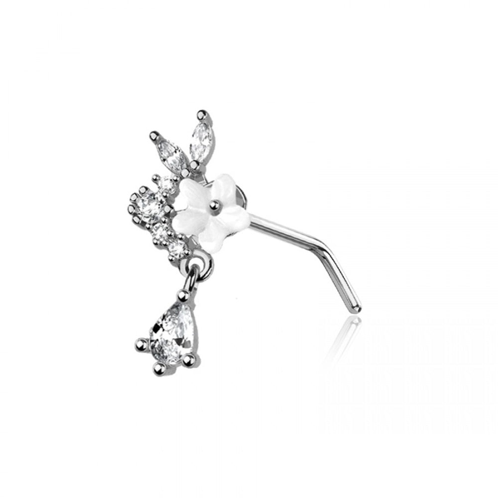 White Flower with CZ Crystal Teardrop L-Bend Nose Stud - 316L Stainless Steel