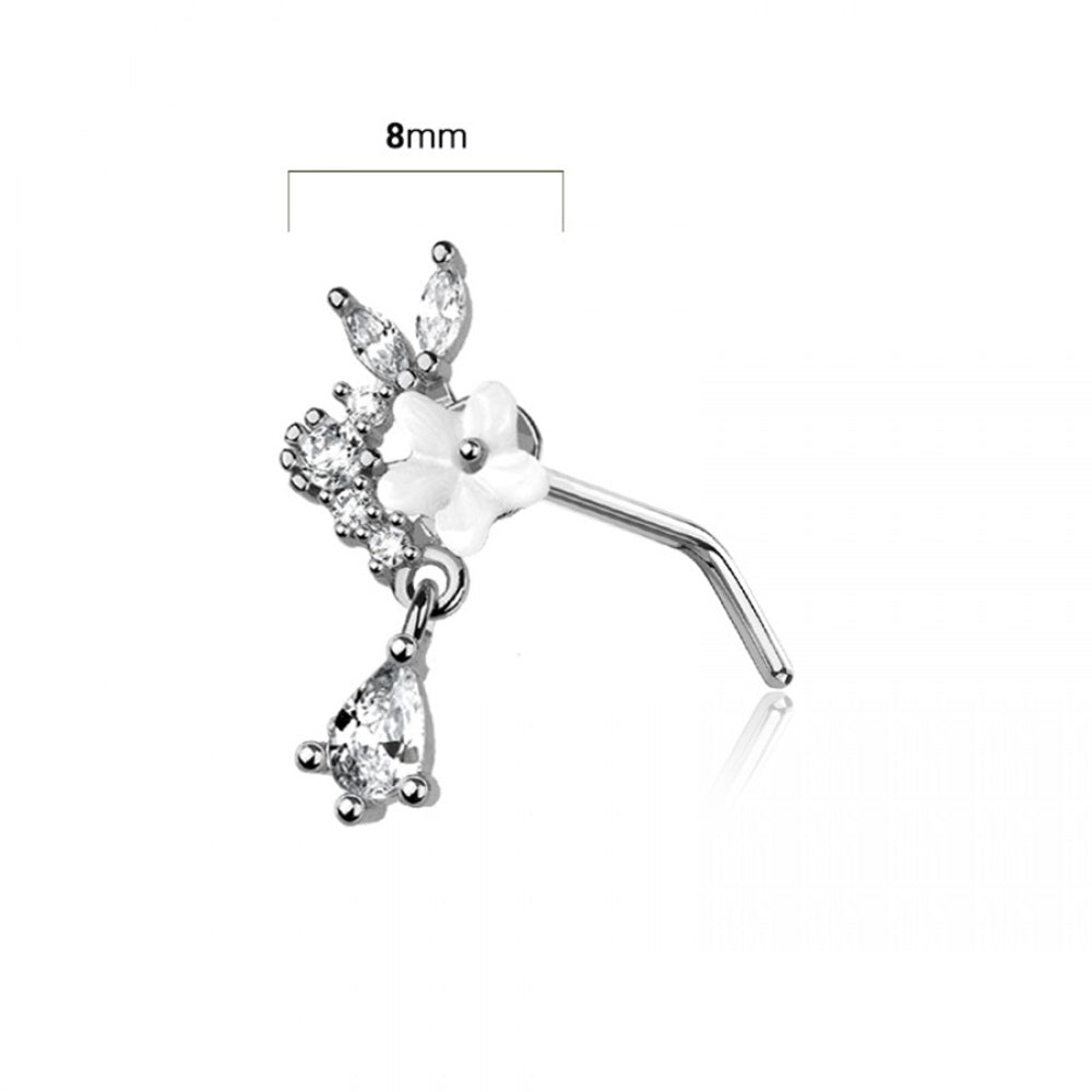 White Flower with CZ Crystal Teardrop L-Bend Nose Stud - 316L Stainless Steel