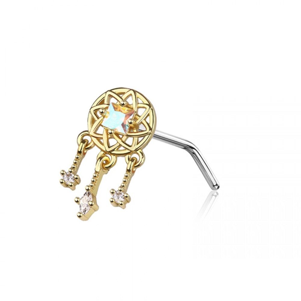 Aurora Borealis CZ Crystal Dreamcatcher Dangling L-Bend Nose Stud - 316L Stainless Steel