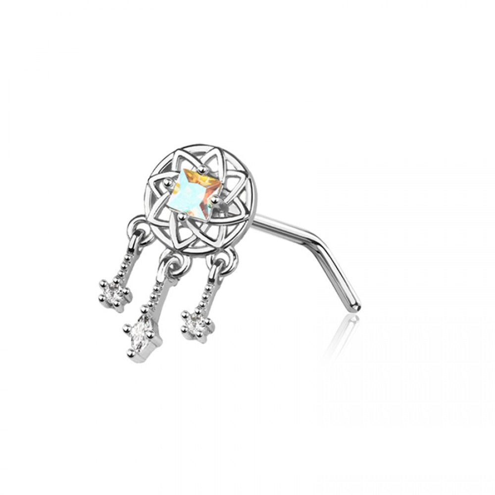 Aurora Borealis CZ Crystal Dreamcatcher Dangling L-Bend Nose Stud - 316L Stainless Steel