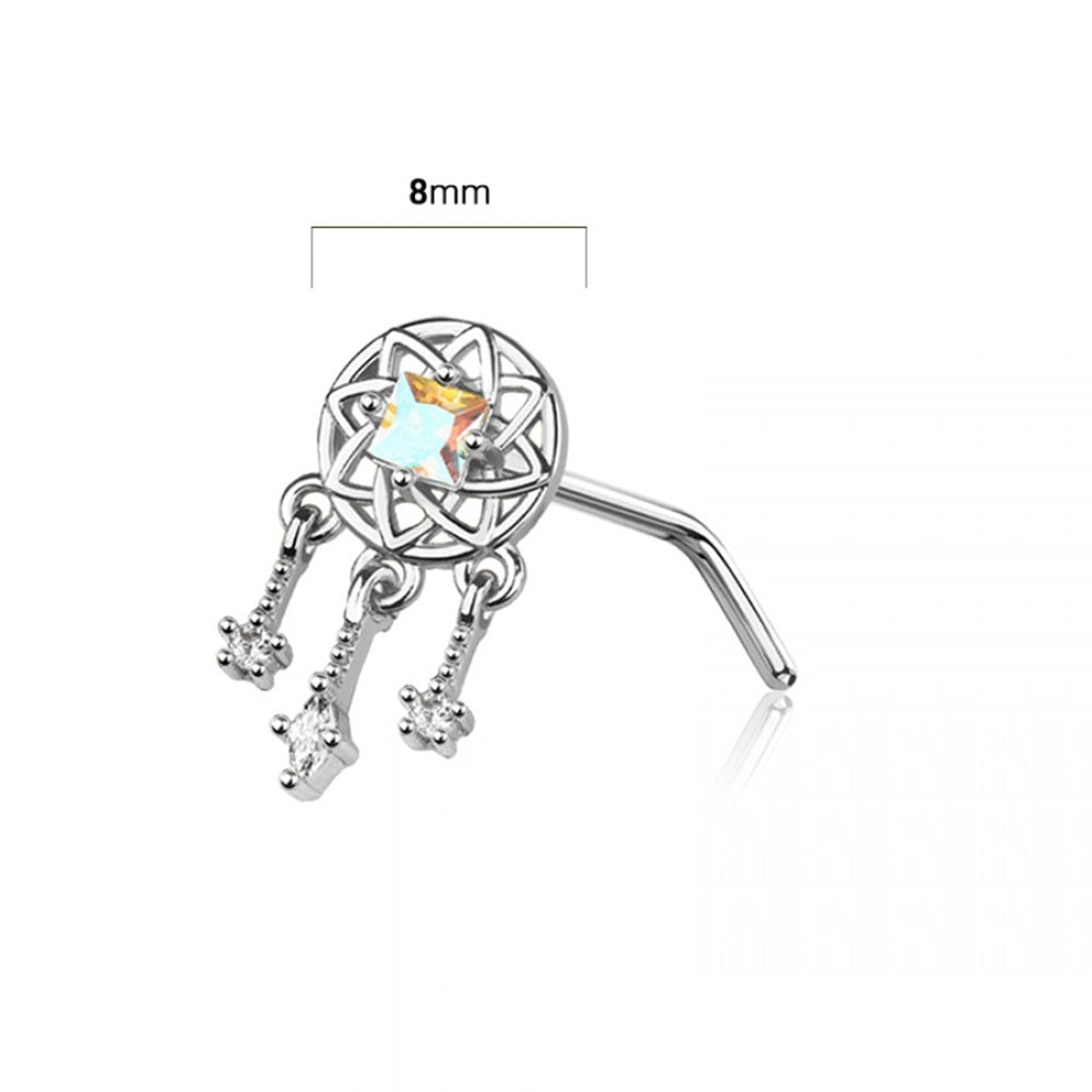 Aurora Borealis CZ Crystal Dreamcatcher Dangling L-Bend Nose Stud - 316L Stainless Steel
