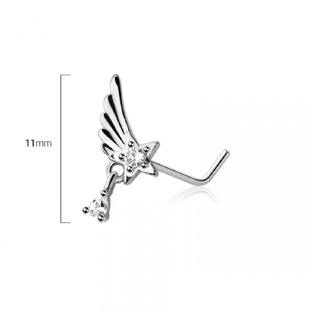 Angel Wing with Dangling Gem L-Bend Nose Stud - 316L Stainless Steel