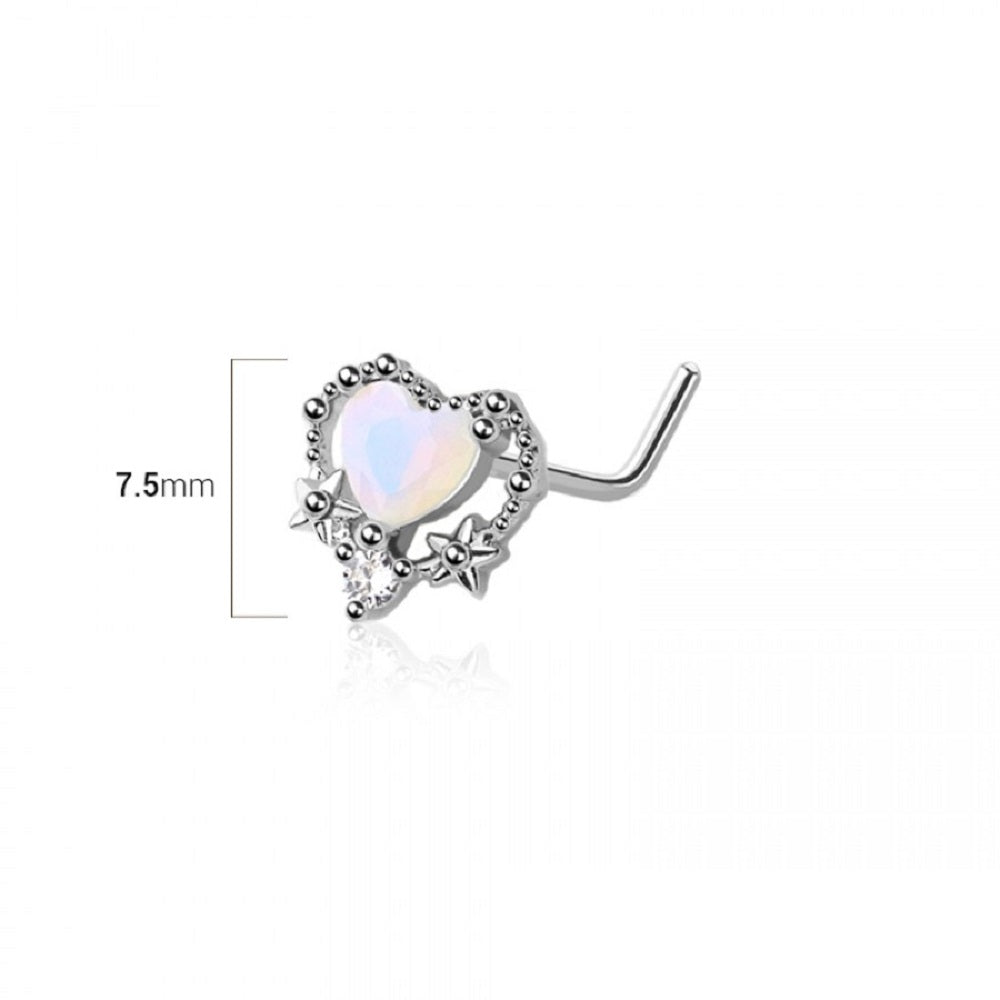 Opal Heart L-Bend Nose Stud - Stainless Steel