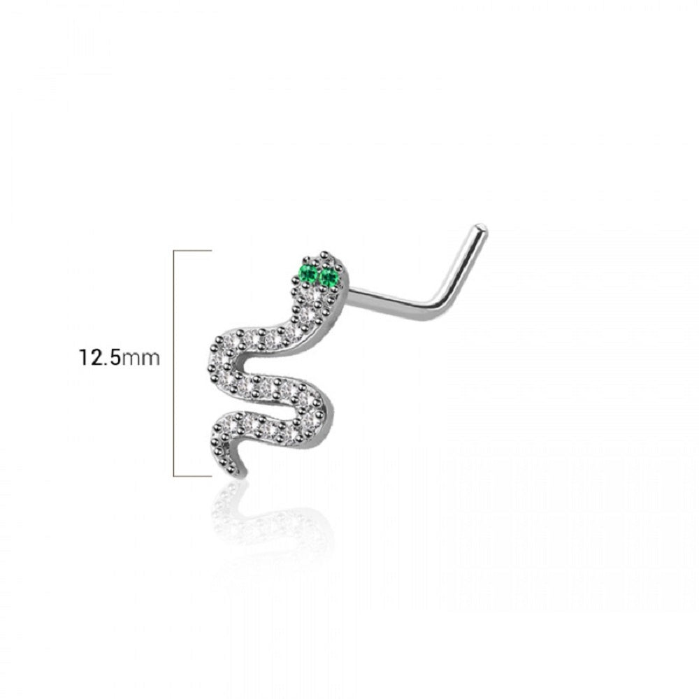 CZ Crystal Snake with Green Eyes L-Bend Nose Stud - 316L Stainless Steel