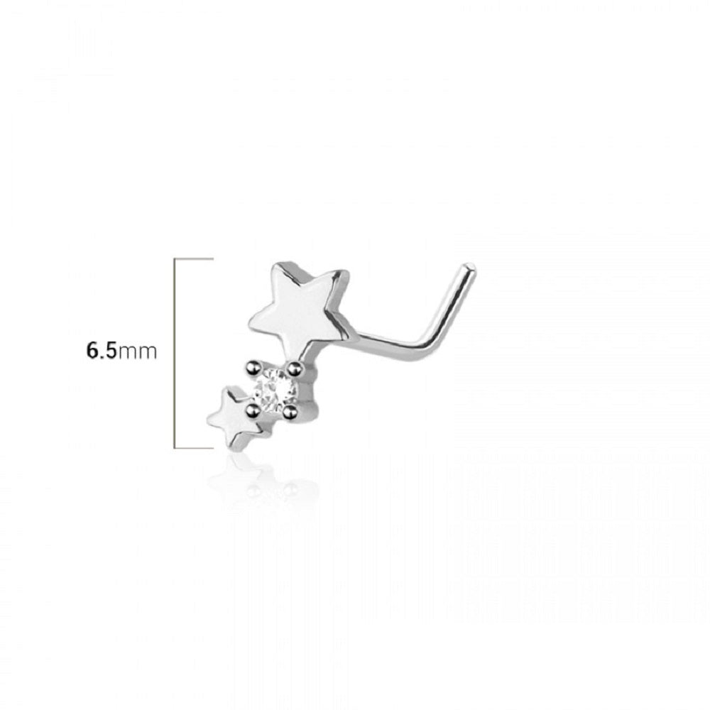 Double Star with Center Gem L-Bend Nose Stud - 316L Stainless Steel