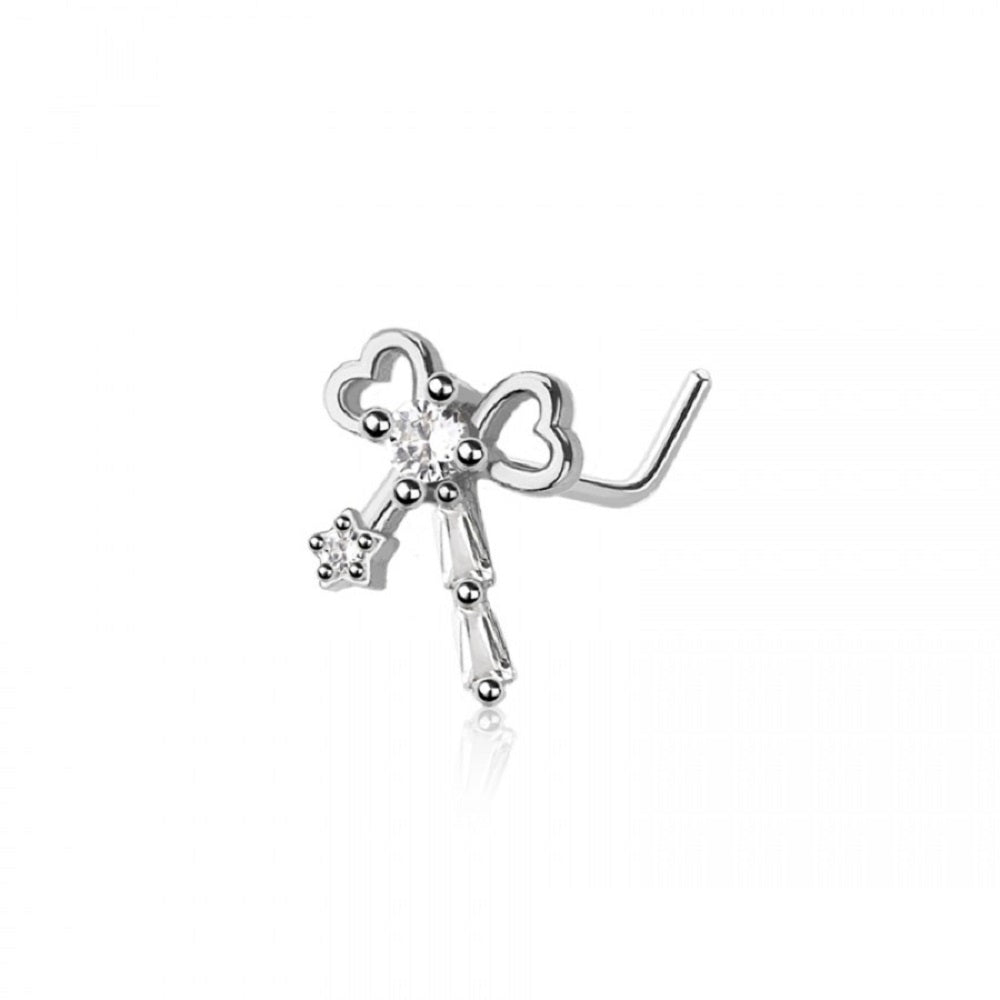 CZ Crystal Heart Ribbon L-Bend Nose Stud - 316L Stainless Steel
