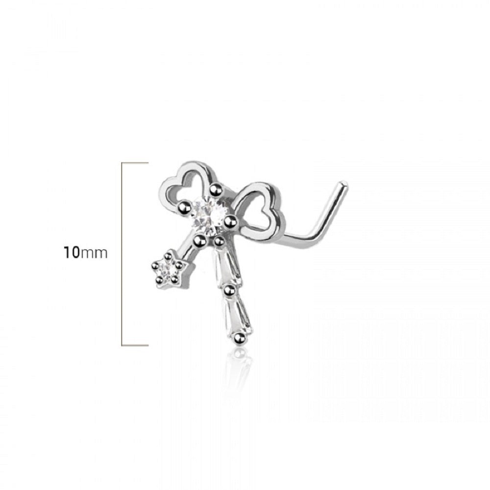 CZ Crystal Heart Ribbon L-Bend Nose Stud - 316L Stainless Steel
