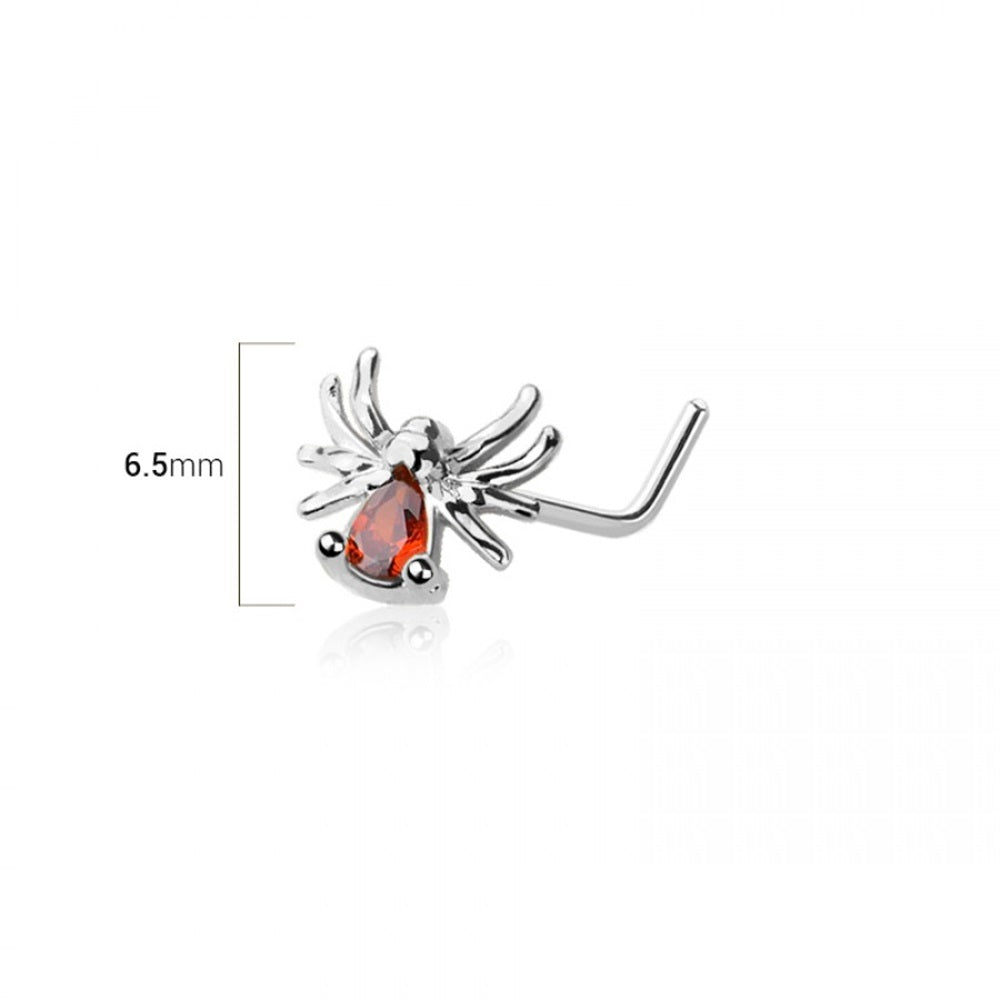 CZ Crystal Red Belly Spider L-Bend Nose Stud - 316L Stainless Steel