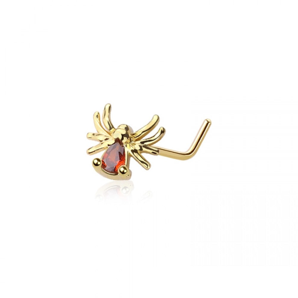 CZ Crystal Red Belly Spider L-Bend Nose Stud - 316L Stainless Steel