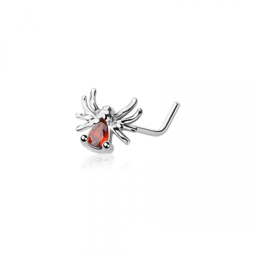 CZ Crystal Red Belly Spider L-Bend Nose Stud - 316L Stainless Steel