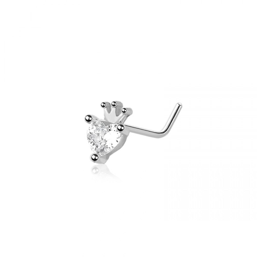 CZ Crystal Heart with Crown L-Bend Nose Stud - 316L Stainless Steel