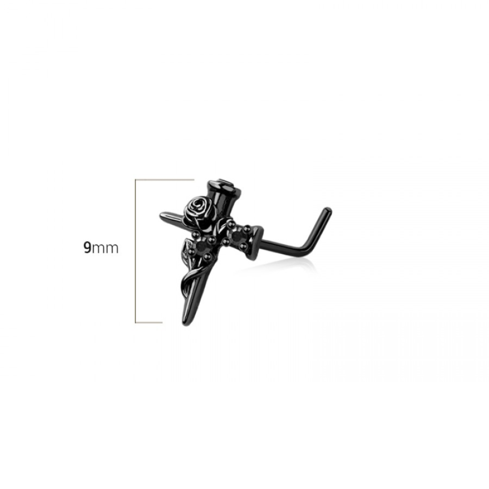 Black Cross with Rose and Twisted Vines Top L-Bend Nose Stud - 316L Stainless Steel