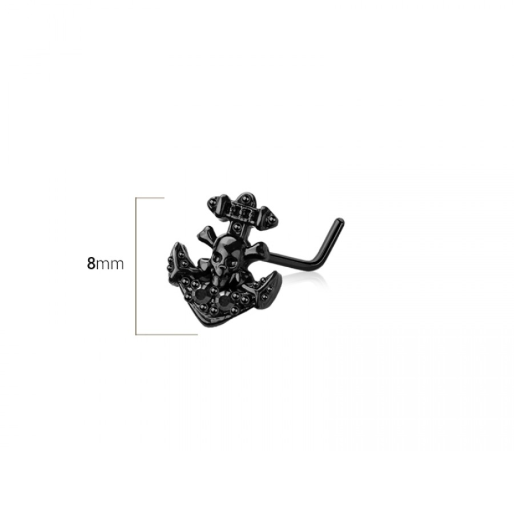 Black Skull Anchor Top L-Bend Nose Stud - 316L Stainless Steel
