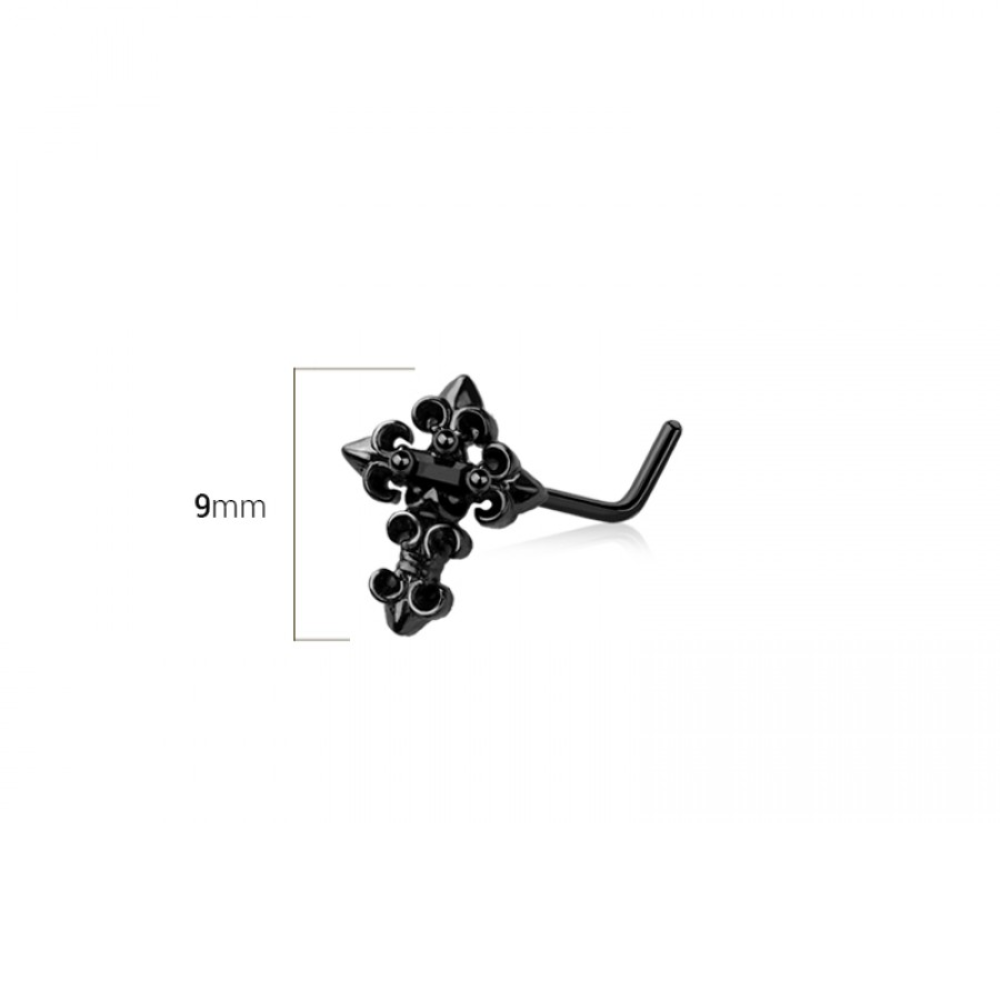 Black Fleur De Lis Cross Top L-Bend Nose Stud - 316L Stainless Steel