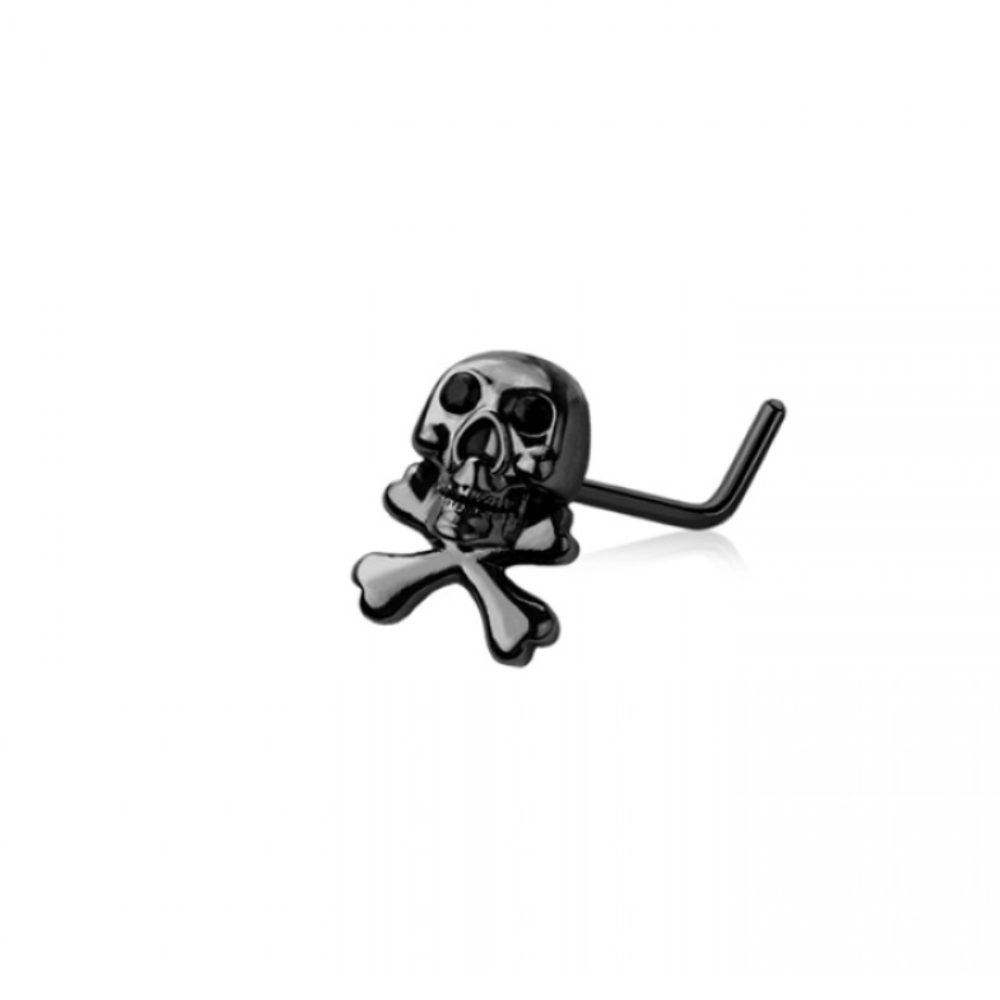 Pirate Skull L-Bend Nose Stud - Black 316L Stainless Steel