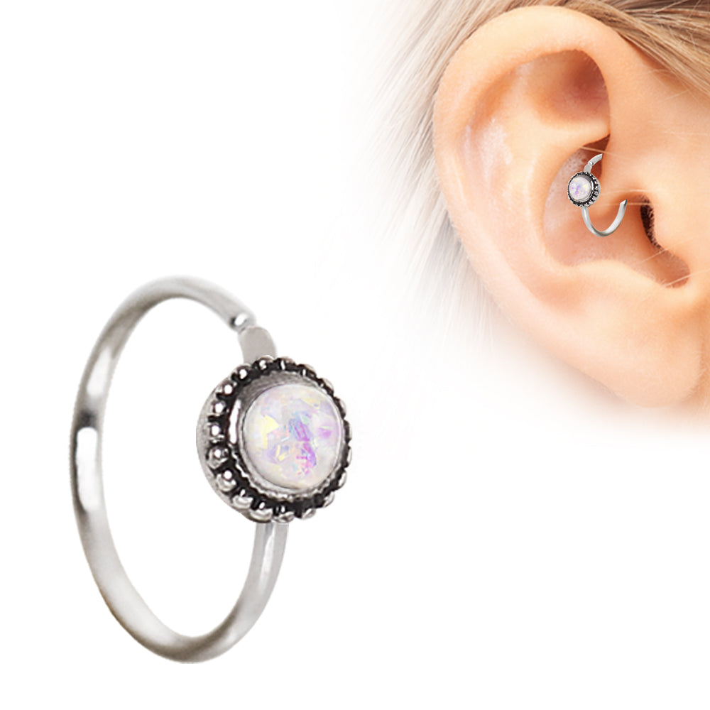 Ornate Synthetic White Opal Bendable Ring- 316L Stainless Steel