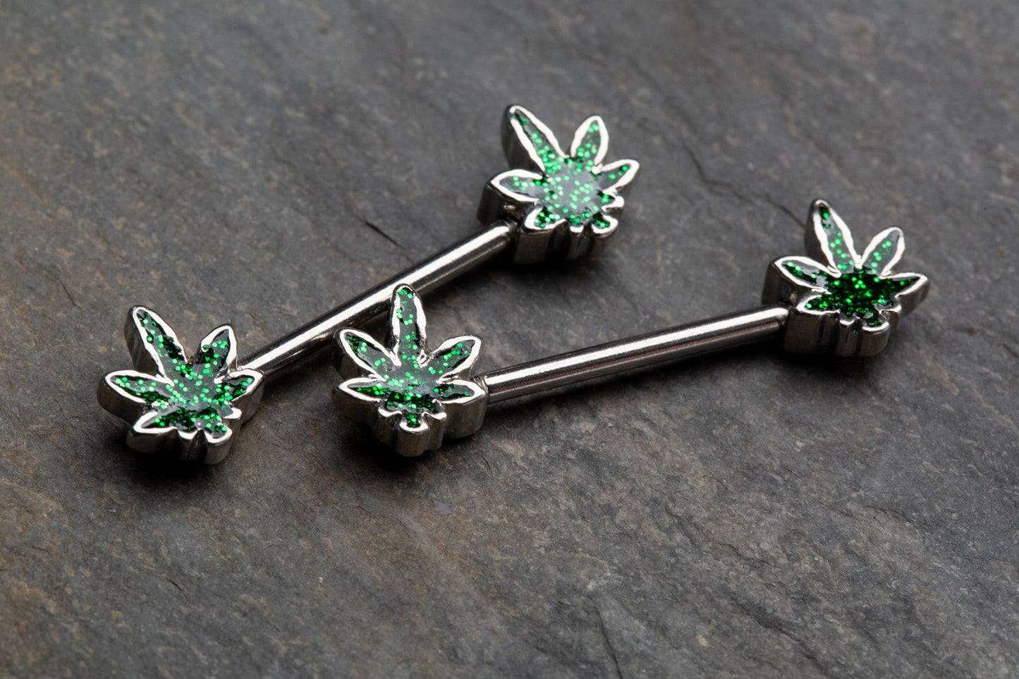 Green Glitter Pot Leaf Nipple Barbells - Stainless Steel