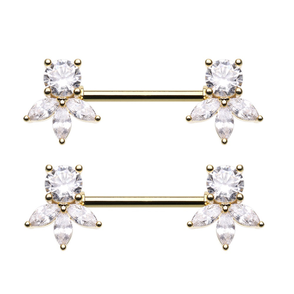 CZ Crystal Petal Ends Nipple Barbells - Stainless Steel - Pair