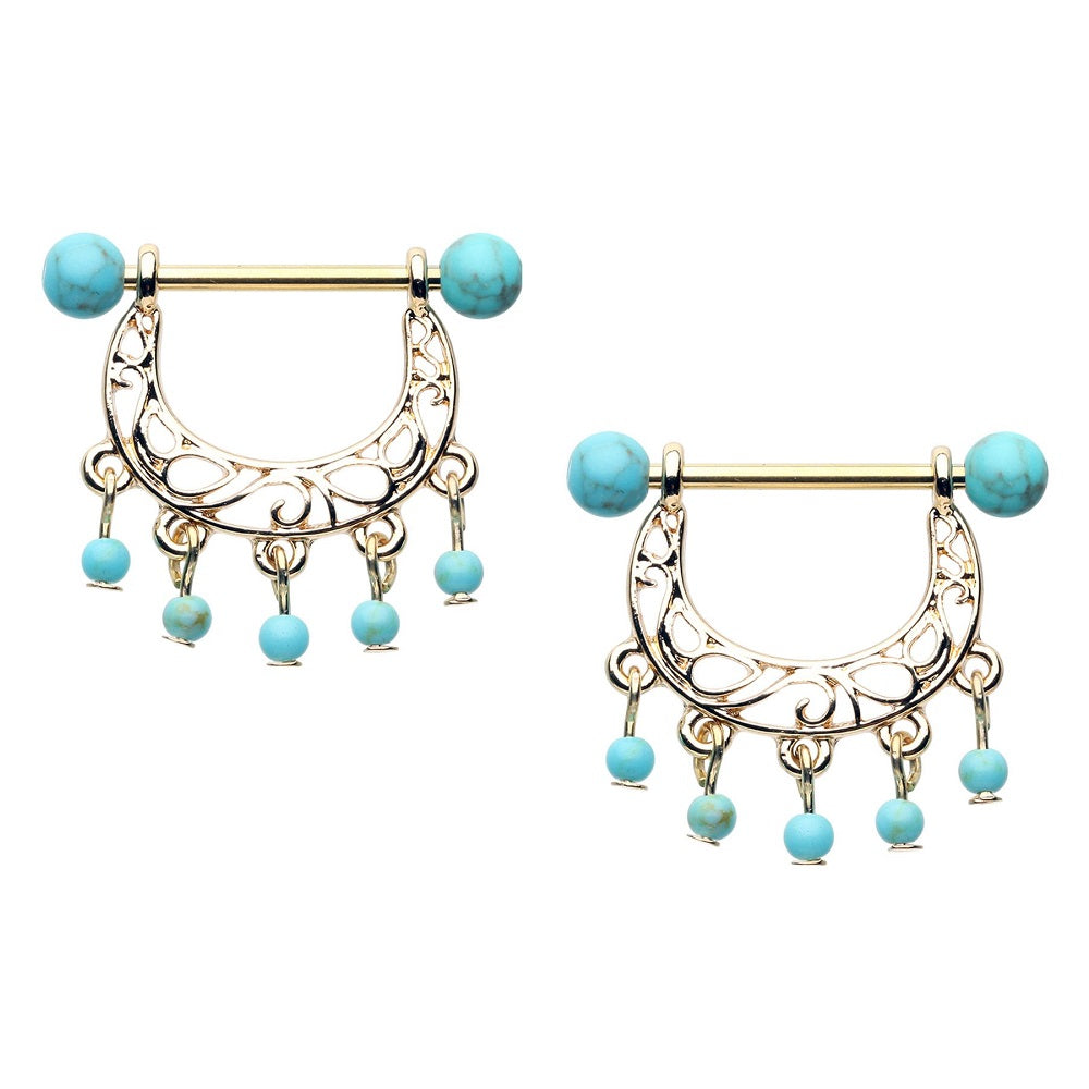 Turquoise Beaded Chandelier Dangling Nipple Ring Shields - Gold Plated Stainless Steel - Pair