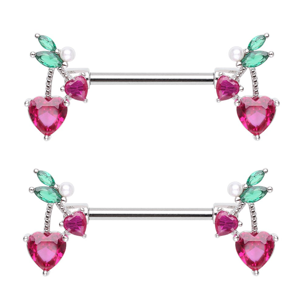 CZ Crystal Cherry Ends Nipple Barbells - Pair - Stainless Steel