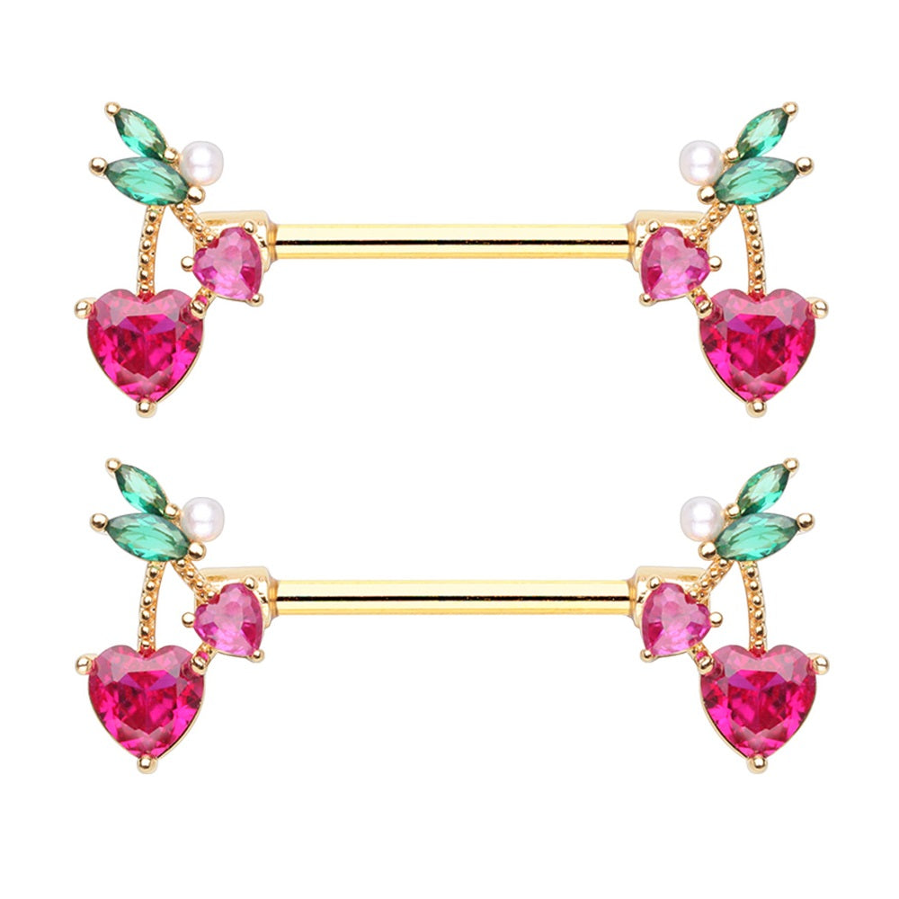 CZ Crystal Cherry Ends Nipple Barbells - Pair - Stainless Steel