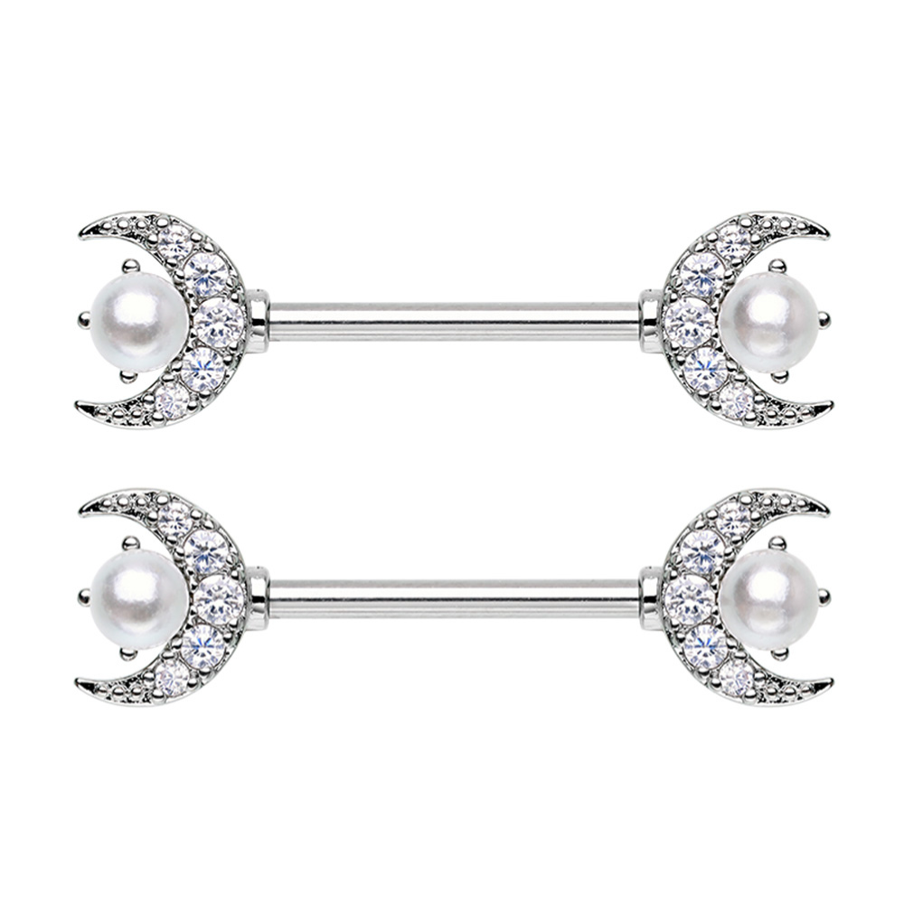 CZ Crystal Crescent Moon with Faux Pearl Nipple Barbells - Pair - 316L Stainless Steel