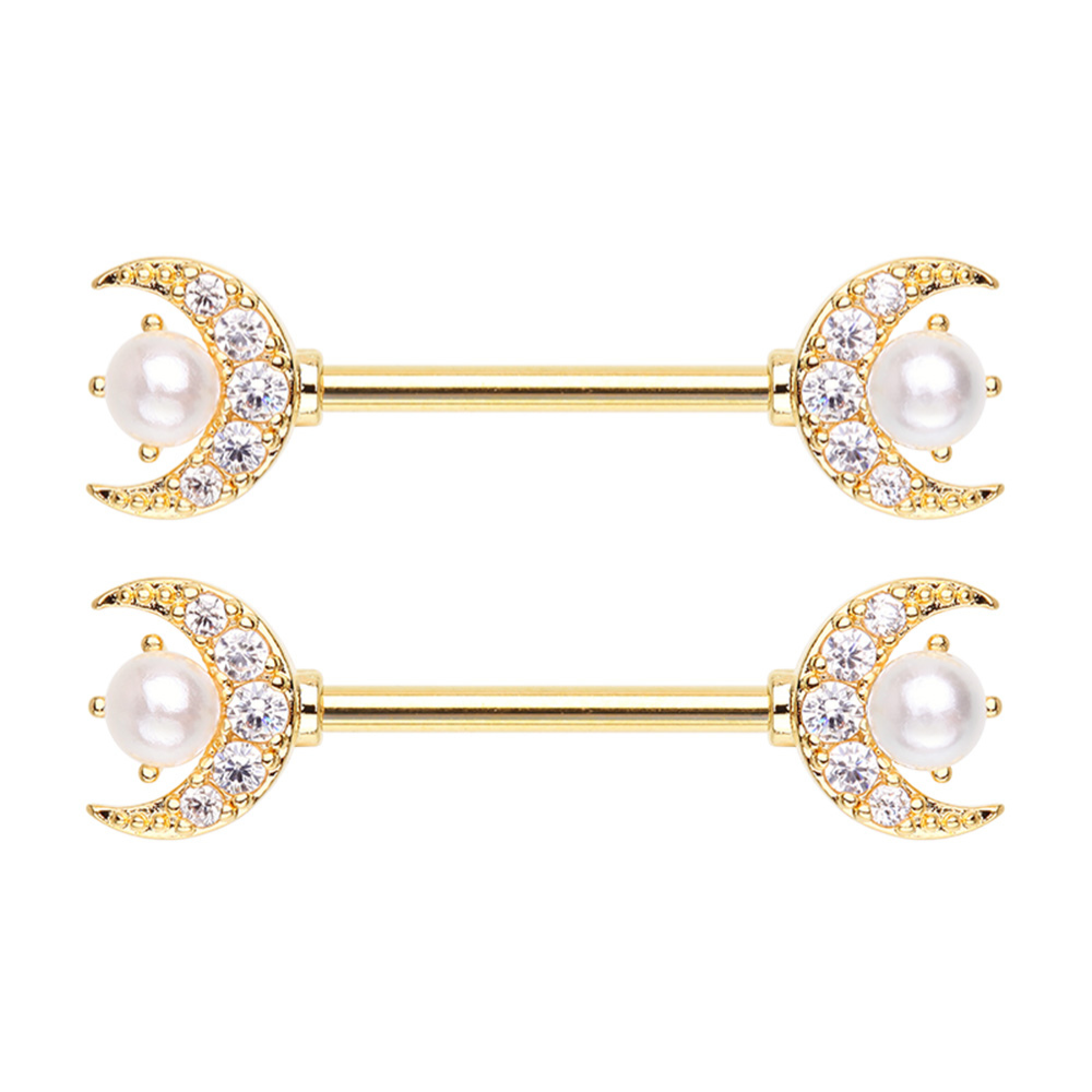 CZ Crystal Crescent Moon with Faux Pearl Nipple Barbells - Pair - 316L Stainless Steel