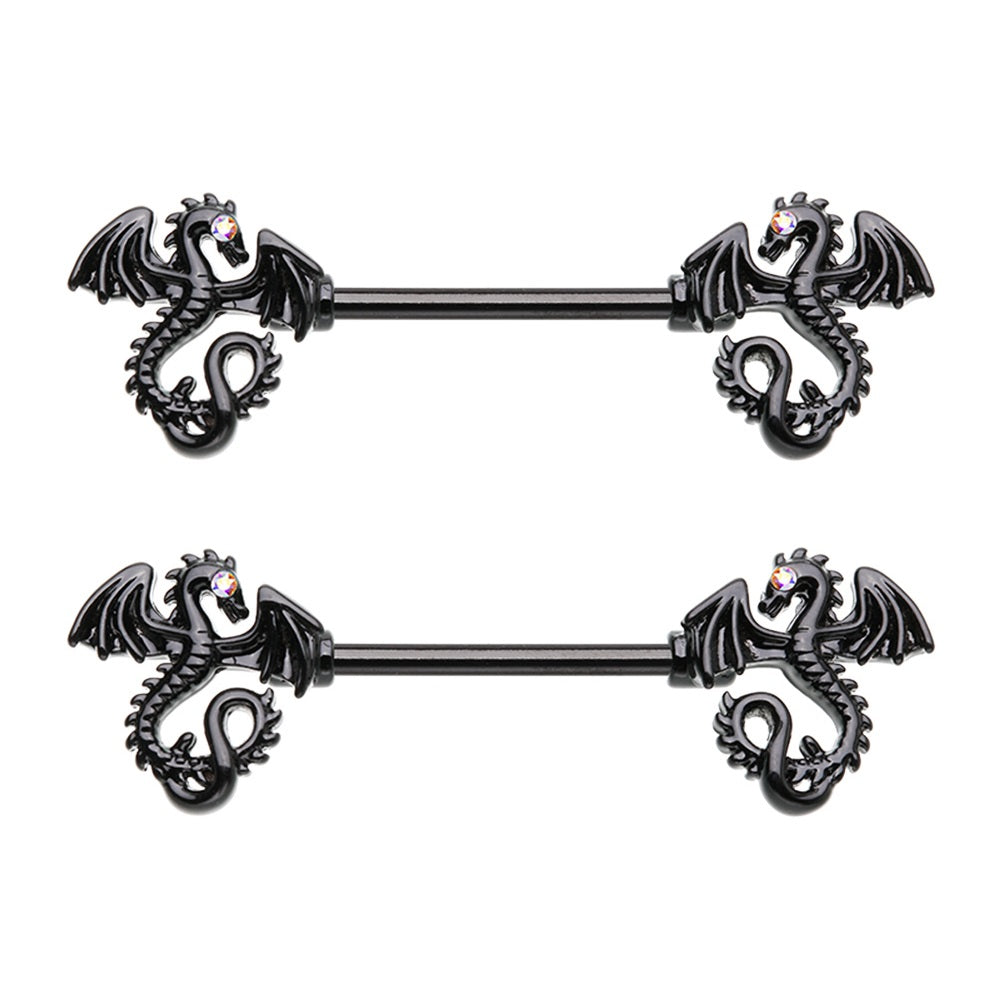 CZ Crystal Dragon Ends Nipple Barbells - Pair - Stainless Steel