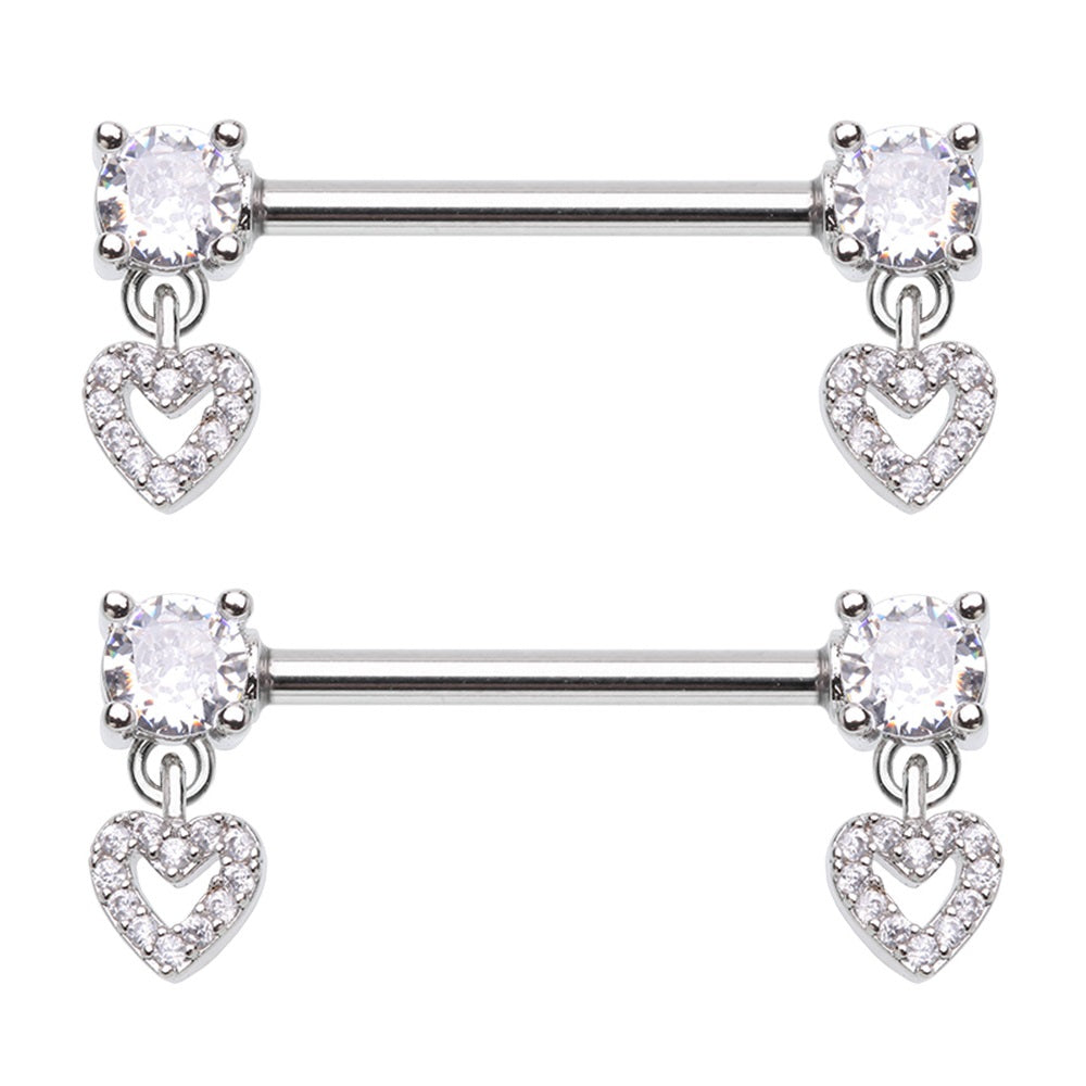 Prong Set CZ Crystal Ends with Dangling Hearts Nipple Barbells - Pair - Stainless Steel