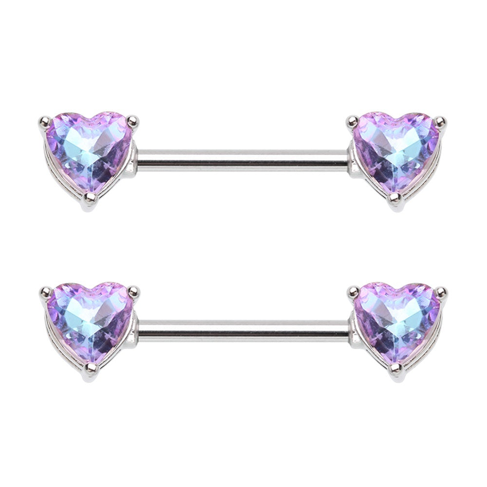 CZ Crystal Heart Ends Nipple Barbells - Pair - Stainless Steel
