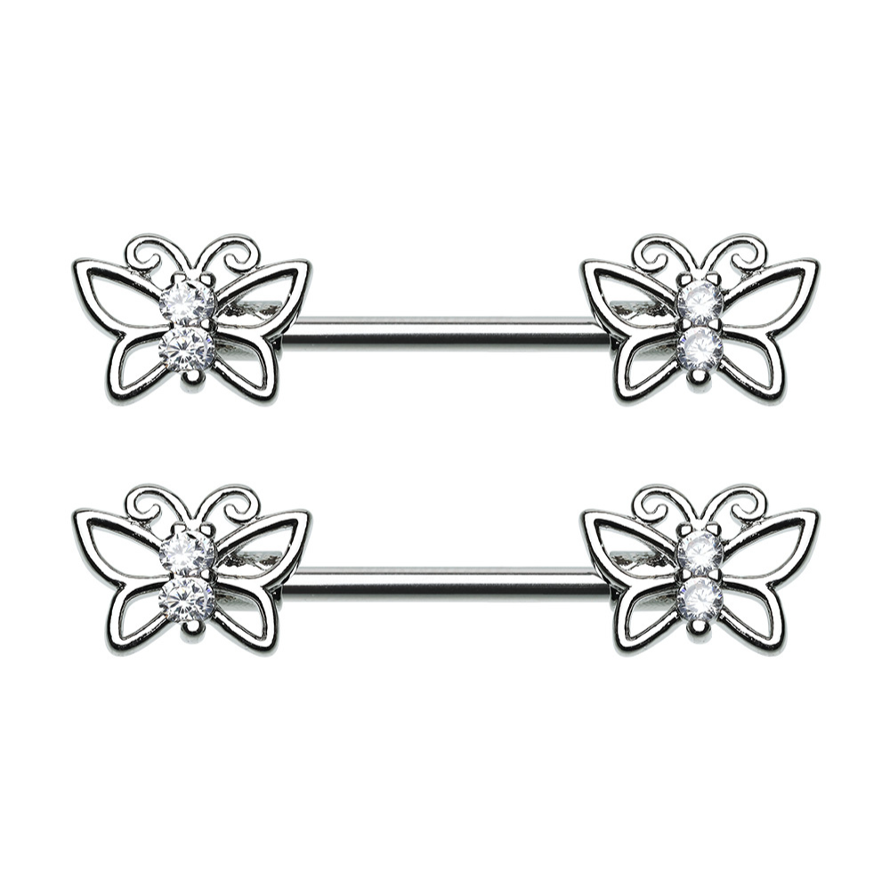 CZ Crystal Butterfly Outline Nipple Barbells - Pair - 316L Stainless Steel