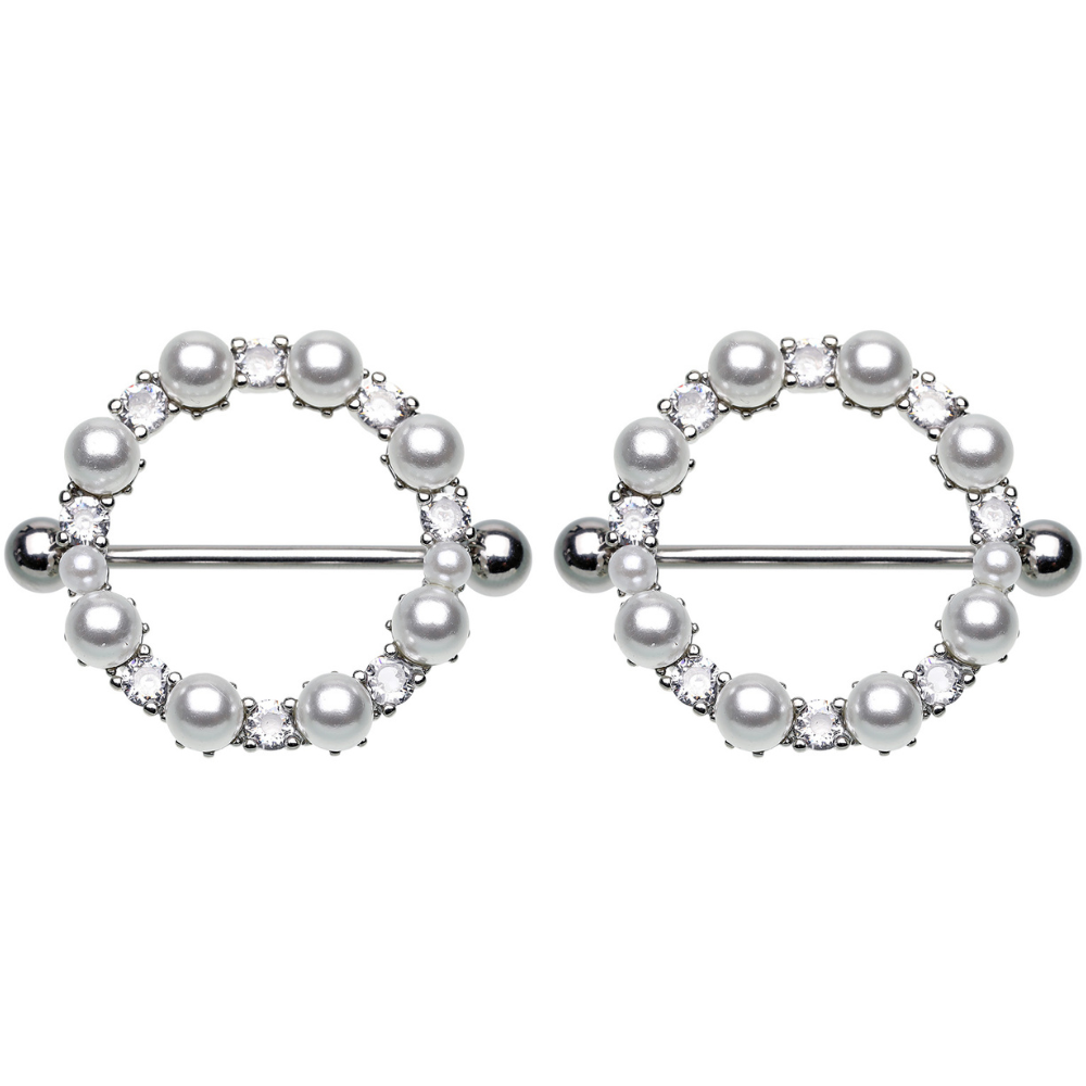 CZ Crystal and Faux Pearl Lined Round Nipple Shields - Pair - 316L Stainless Steel