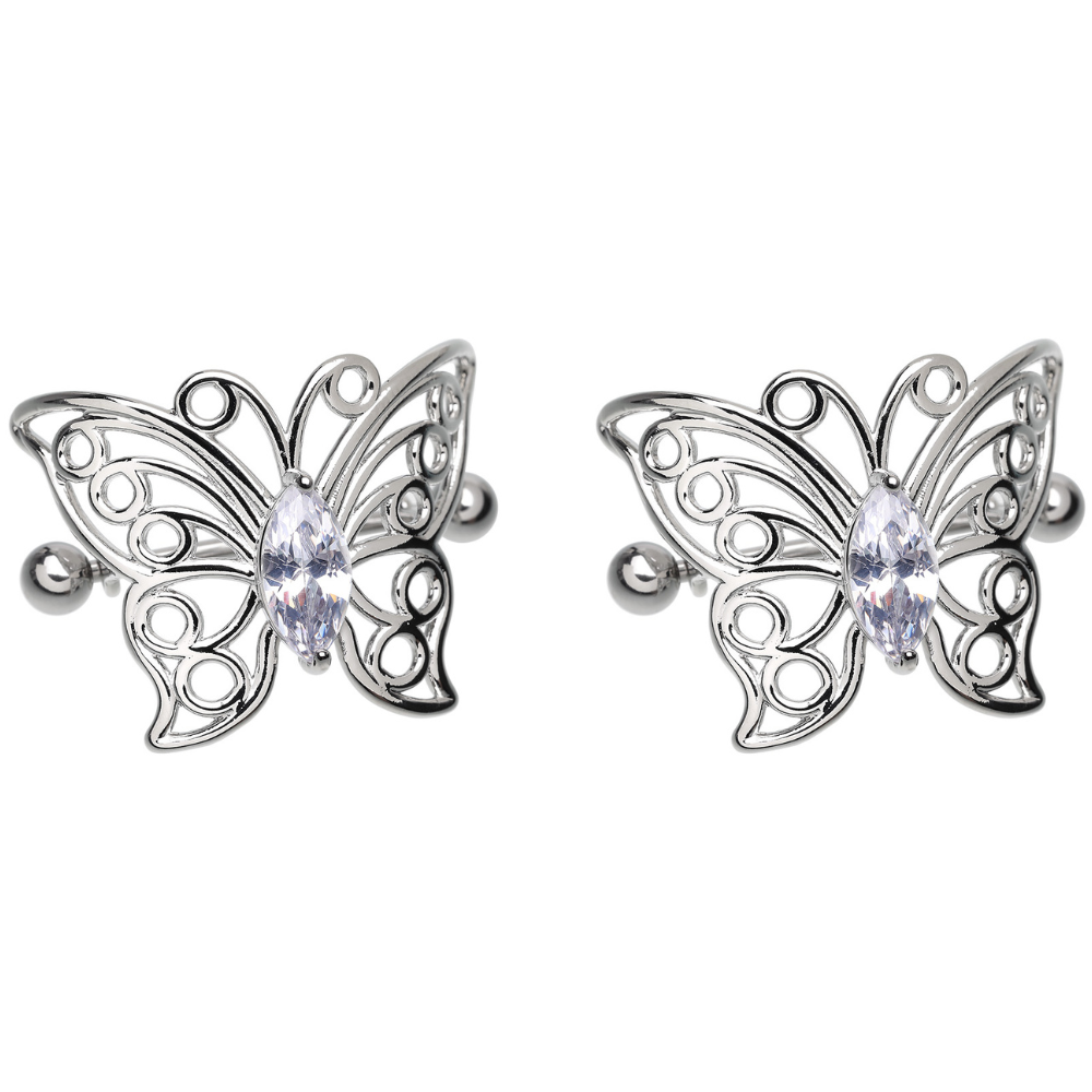 CZ Crystal Butterfly Outline Nipple Shields - Pair - 316L Stainless Steel