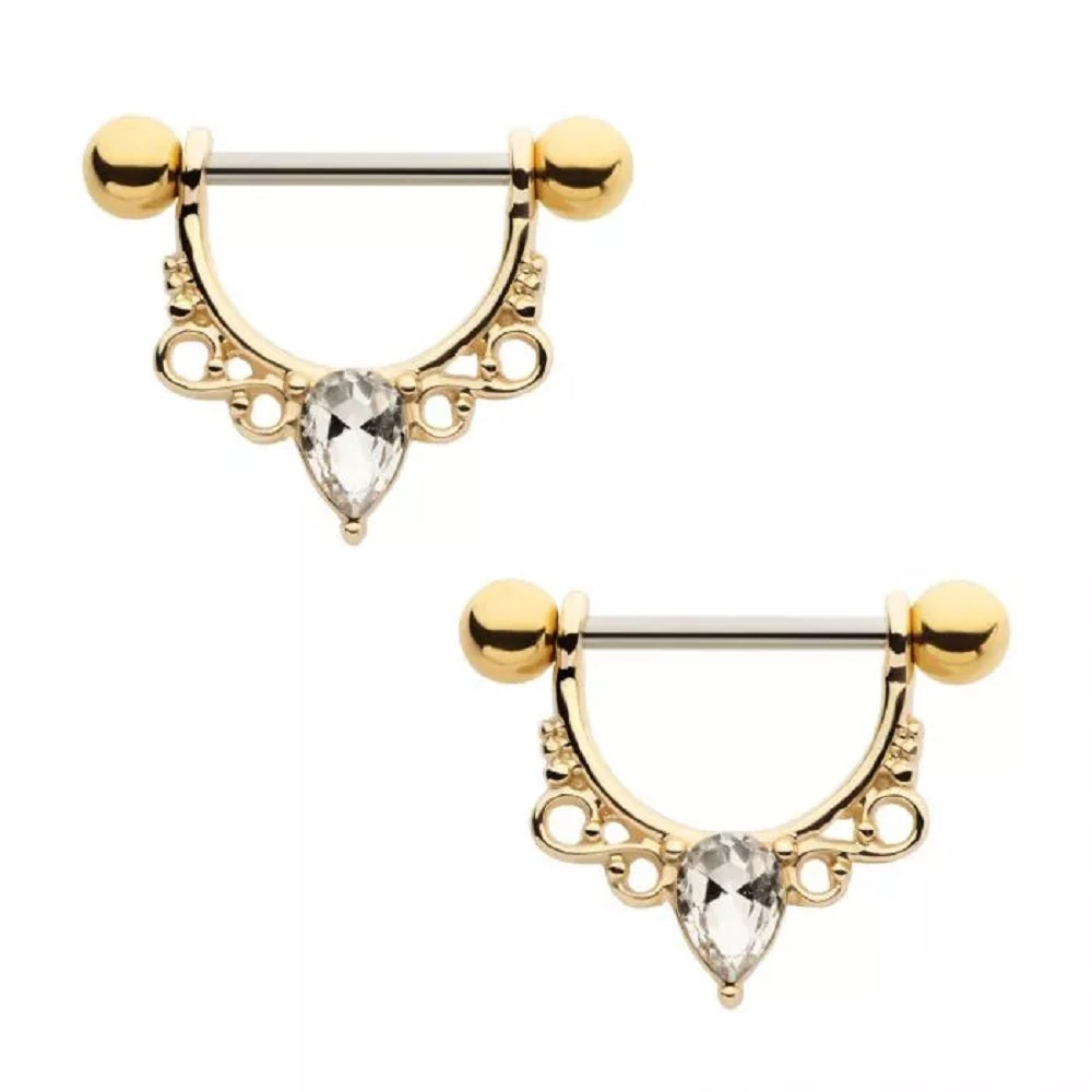 Pear Shaped CZ Crystal Filigree Dangling Nipple Barbells - Gold Plated 316L Stainless Steel - Pair