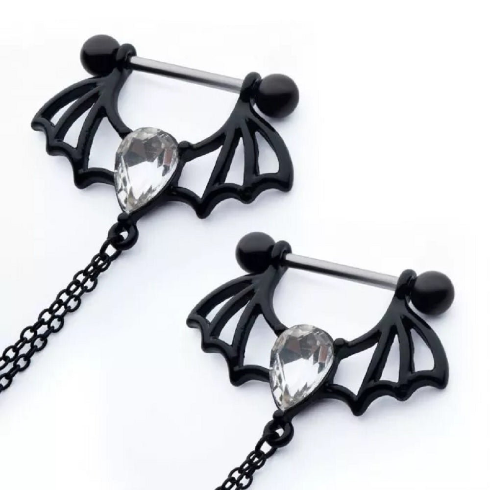 Double Chain Connecting CZ Crystal Bat Nipple Piercing Barbells - Black 316L Stainless Steel