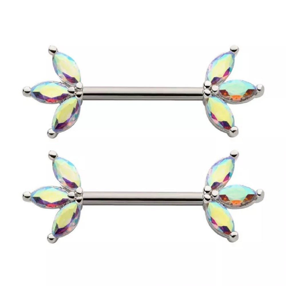 Triple CZ Crystal Marquise Ends Nipple Barbells, Sold as a Pair - 316L Stainless Steel