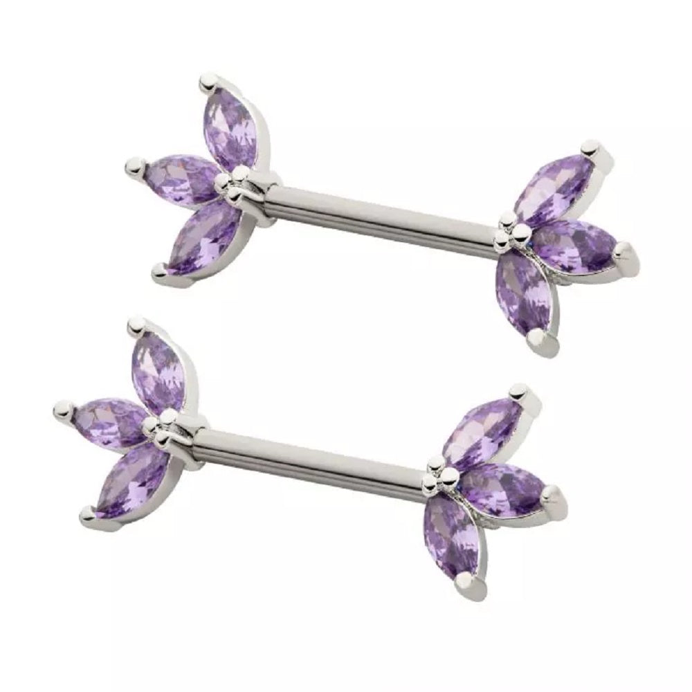 Triple CZ Crystal Marquise Ends Nipple Barbells, Sold as a Pair - 316L Stainless Steel
