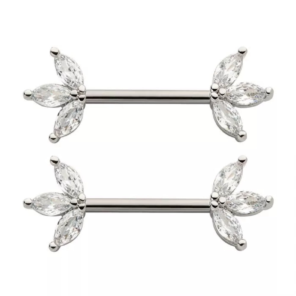Triple CZ Crystal Marquise Ends Nipple Barbells, Sold as a Pair - 316L Stainless Steel