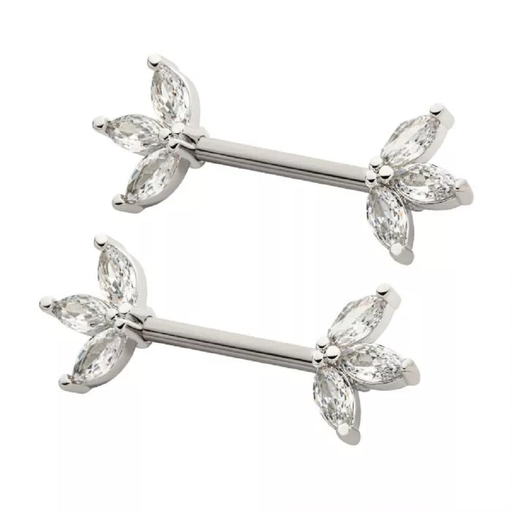 Triple CZ Crystal Marquise Ends Nipple Barbells, Sold as a Pair - 316L Stainless Steel