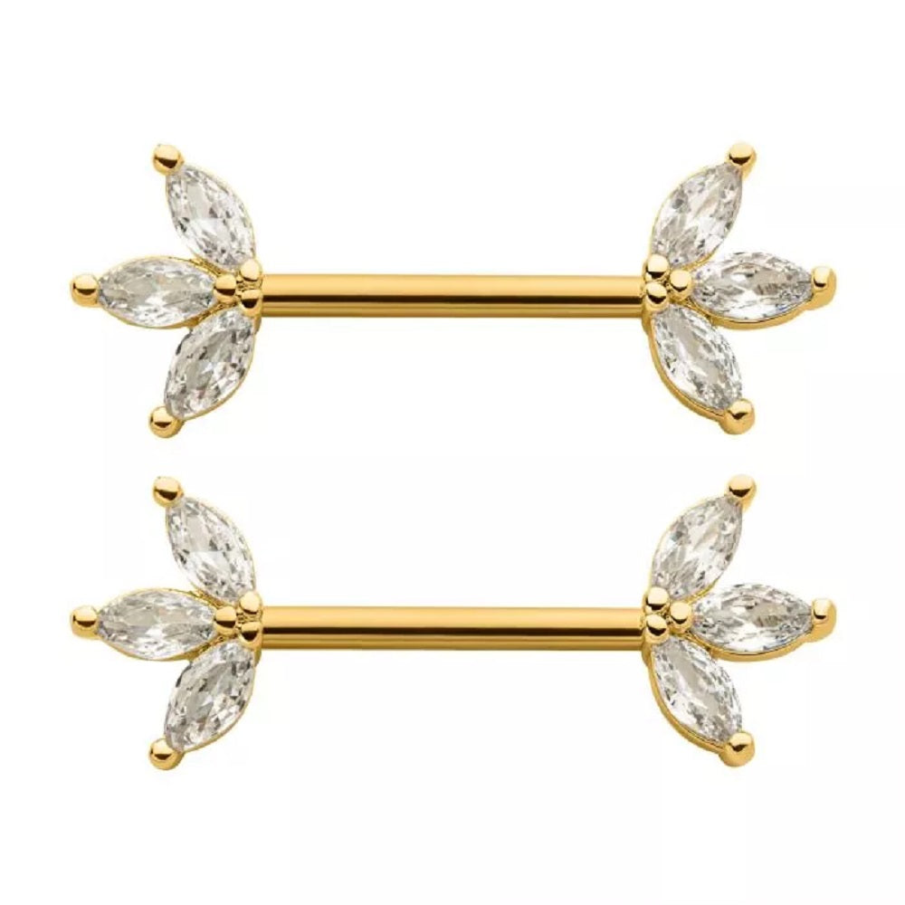 Triple CZ Crystal Marquise Ends Nipple Barbells, Sold as a Pair - 316L Stainless Steel