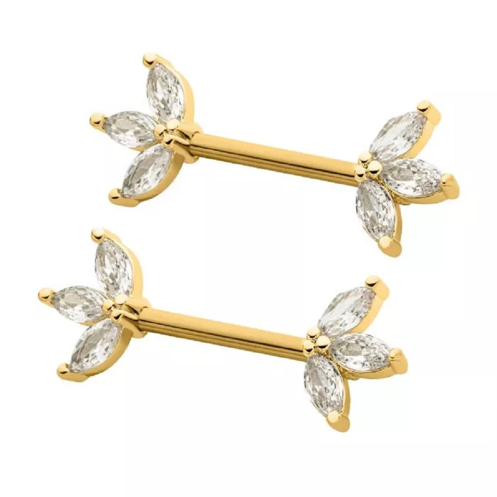 Triple CZ Crystal Marquise Ends Nipple Barbells, Sold as a Pair - 316L Stainless Steel