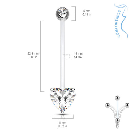 Double Jeweled Prong Set Heart Crystal Pregnancy Maternity Belly Button Ring Retainer - Stainless Steel