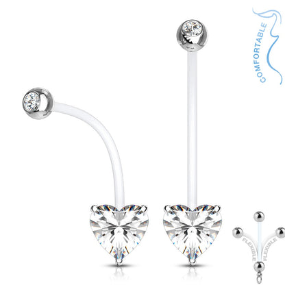 Double Jeweled Prong Set Heart Crystal Pregnancy Maternity Belly Button Ring Retainer - Stainless Steel