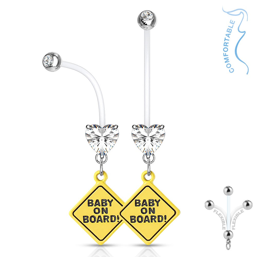Double Jeweled Heart Baby on Board Dangle Pregnancy Maternity Belly Button Ring Retainer - Stainless Steel